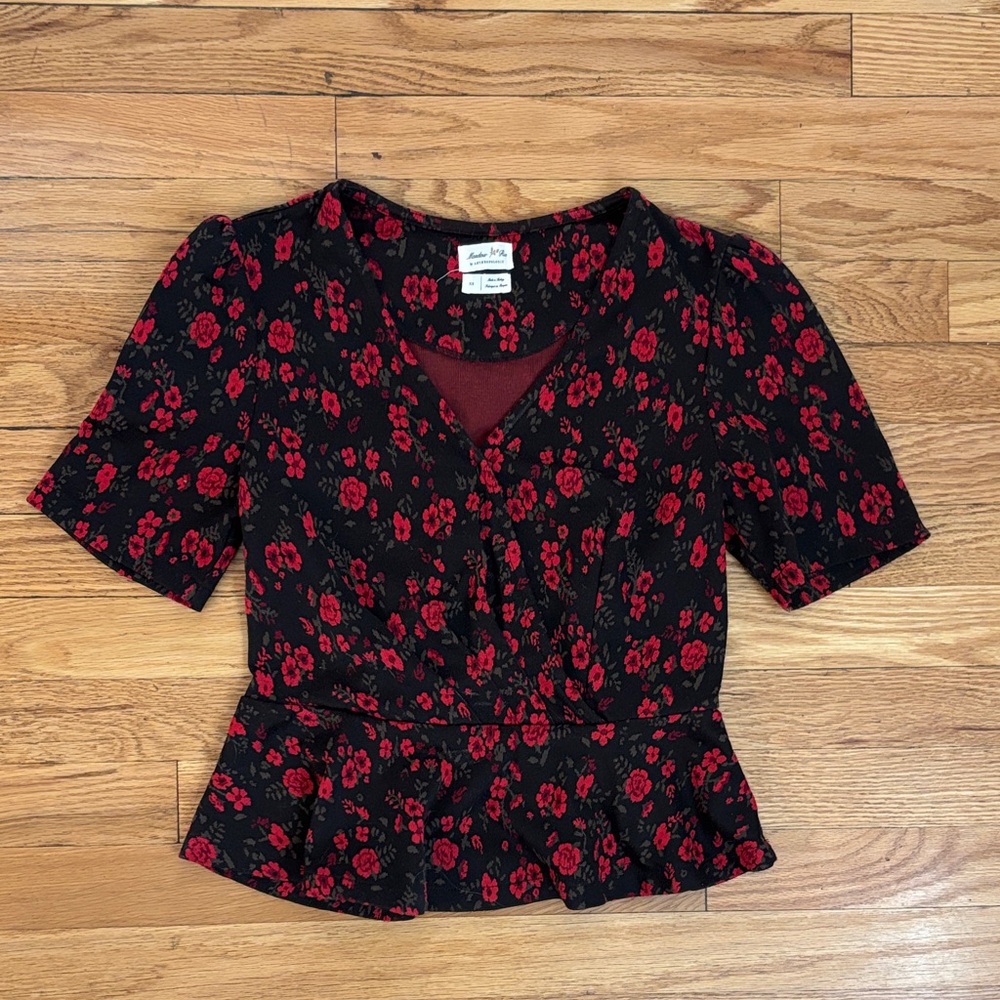 Anthropologie Black and Red Peplum Floral Blouse